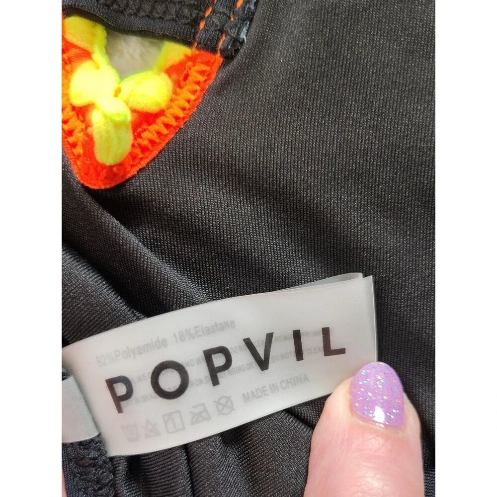 Popvil Black One Piece Tie Back Swimsuit with Multicolored Neon Trim Size XL New